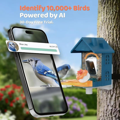 Bird Feeder with Camera Solar Powered in Outdoor Backyard :2K HD Video, AI-Powered Recognition Identifies 11000+ Species, Instant Capture and Notifications,Ideal Gift for Bird Lovers, Moms Dads.
