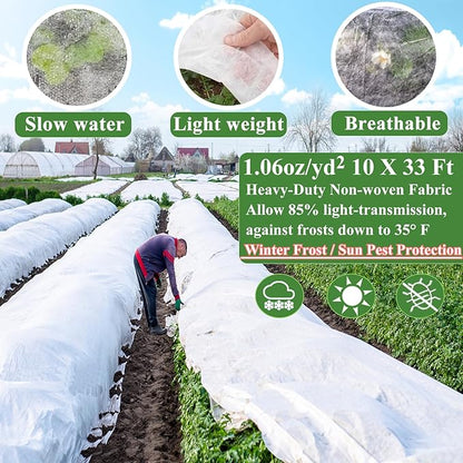 Plant Covers Freeze Protection 10 x 33Ft with 20 Stainless Steel Clips- Frost Cloths Plant Blankets Floating Row Cover for Outdoor Plants Winter Raised Bed Greenhouse Frost Sun Protection