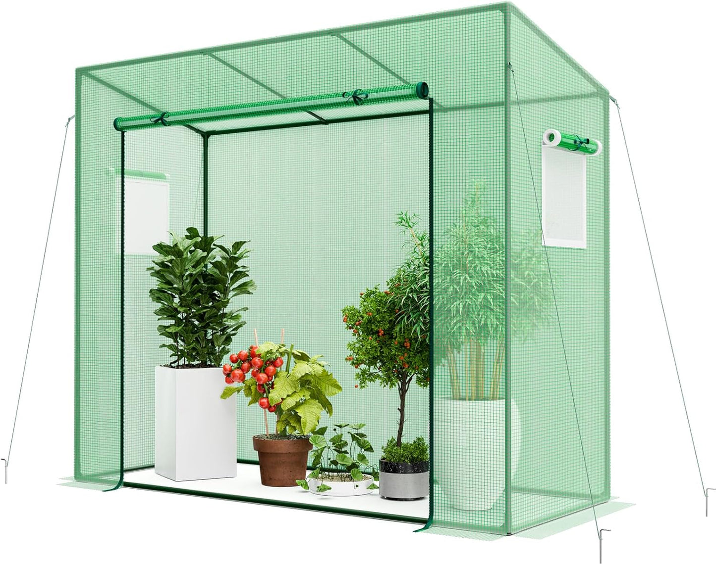 Happygrill Mini Greenhouse, Walk-in Greenhouse w/PE Cover, 4 Wind Ropes & Ground Stakes, Roll-up Zipper Door, Double-Layer Screen Windows, Portable Small Greenhouses for Outdoors, 6.6 x 2.5 x 5.6 FT