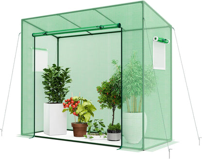 Happygrill Mini Greenhouse, Walk-in Greenhouse w/PE Cover, 4 Wind Ropes & Ground Stakes, Roll-up Zipper Door, Double-Layer Screen Windows, Portable Small Greenhouses for Outdoors, 6.6 x 2.5 x 5.6 FT