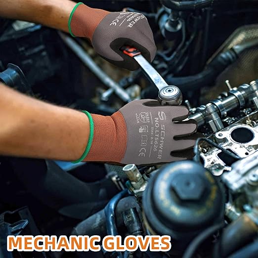 Schwer 6 Pairs Safety Work Gloves with Sandy Nitrile Coating LT5626, Max Abrasion Resistance Heavy Duty Gloves with Grip for Men and Women, Ideal for General Use, Mechanic, Construction, Gardening, S
