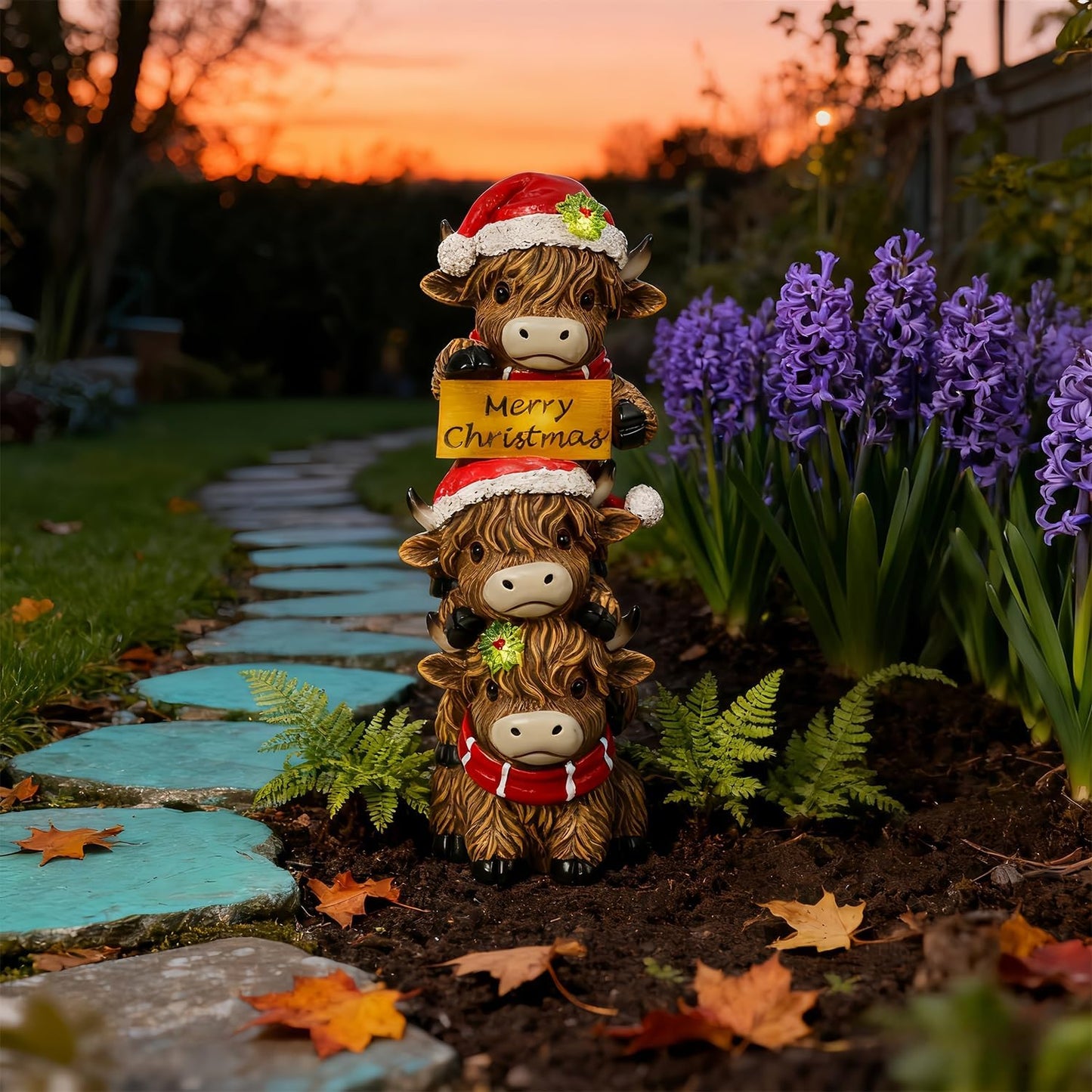 Glintoper Solar Garden Highland Cow Statue, 12" Outdoor Christmas Decoration Lighted Triple Stacked Resin Cow Whimsical Yard Art, Ideal Xmas Birthday, for Porch Pathway Patio Lawn