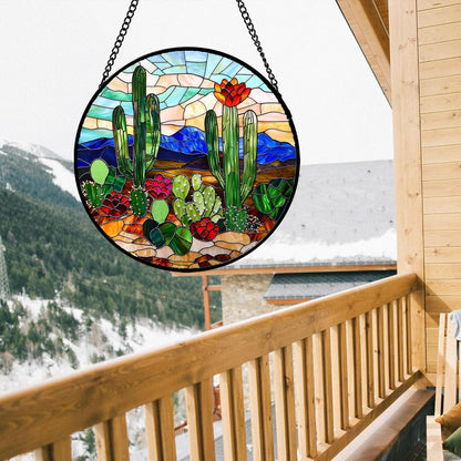 Stained Glass Window Hanging, Green Cactus Suncatcher for Doors Window Home Plant Landscape Sun Catchers Decoration Mother's Day Birthday Gifts for Women, Men, and Mom 7.8 in