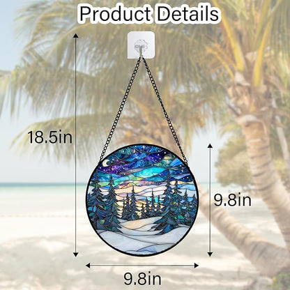 Stained Glass Window Hanging, Starry Sky Trees and Snow Sun Catchers Glass Panel Blue Suncatcher Decor for Birthday for Women, Men, Wife, Aunt, and Mom 9.8 in