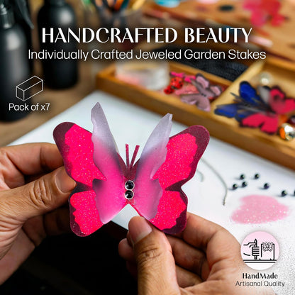 Handmade Butterfly Garden Stakes – Set of 7 Glowing Pink Decorative Butterflies Idea for Garden & Nature Lovers – Outdoor & Indoor Garden Decor – Air Aquarium Handmade by Kushner