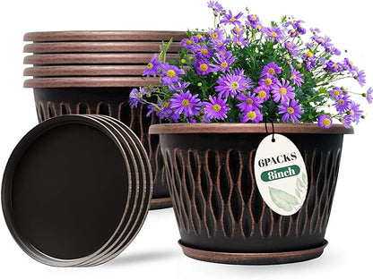 6 Pack 8 Inch Retro Plant Pots, Vintage Striped Flower Pots with Drainage Hole & Saucer, Large Plastic Planters for Indoor and Outdoor Plants, Decorative Garden Pots(Copper)