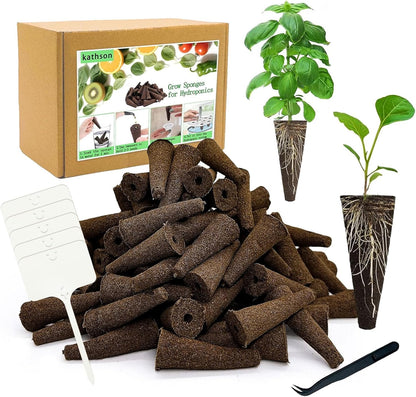 kathson 100PCS Grow Sponges for Hydroponics,Garden Cube Grow Sponges,Replacement Garden Seed Starter Pods Hydroponic Growing System,Hydroponics Sponge Kit with 10 Plant Labels and 1 Tweezer