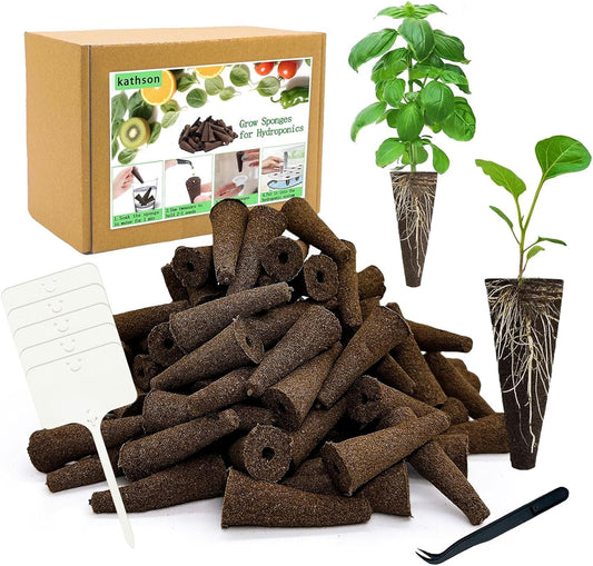 kathson 100PCS Grow Sponges for Hydroponics,Garden Cube Grow Sponges,Replacement Garden Seed Starter Pods Hydroponic Growing System,Hydroponics Sponge Kit with 10 Plant Labels and 1 Tweezer