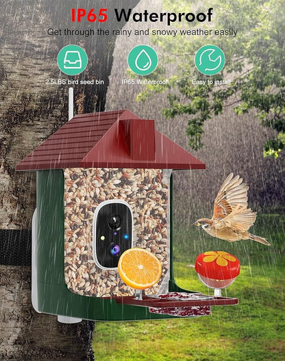 Smart Bird Feeder with Camera,5200mAh Battery with Solar Panel, 4K Native Resolution Live View, AI Species Identification, Auto Capture & Instant Arrival Alert, Ideal Gift for Bird Lovers (Red Green)