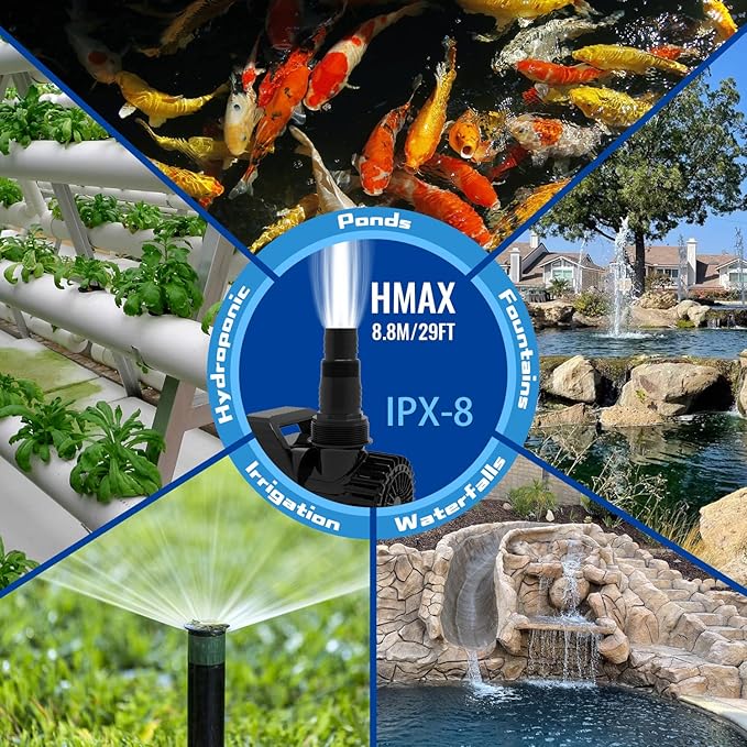 OYO WATER Outdoor Extra Large 11800gph-850W 32.8FT Pond Water-fall & Kio Fish Fountain-s& Garden Pump Submersible IPX8: Long 32.8FT Cord Smart-er&Quieter Duck&Yard&Patio Ponds Pumps,1 Barrier Pump Bag