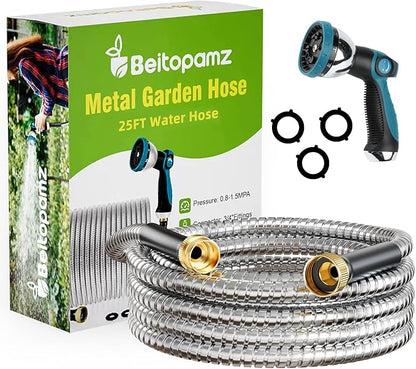 Garden Hose 25 ft, Stainless Steel Metal Water Hose 25 Feet with Nozzle, Flexible, Rust Proof, No-Kink, Heavy Duty, Leakproof 3/4 in Fittings, Lightweight Metal Hose, BT25S Model