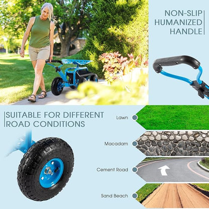 Rolling Garden Tool Cart with Seat Heavy Duty Scooter with Handle and Storage for Seniors Garden Cart on Wheel,Blue