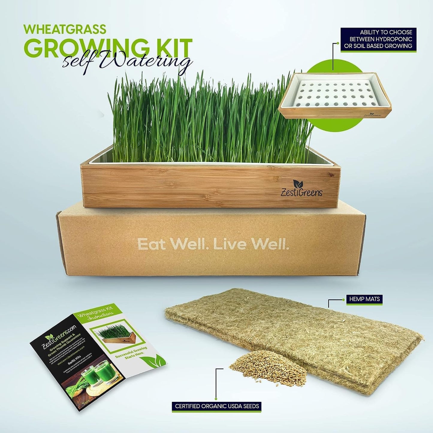 Organic Wheatgrass Growing Kit, Self Watering, with Soilless Grow Mats. The Easy Way to Grow & Juice Healthy Wheat Grass & Make Cat Grass. Bamboo Surround & Black Out Lid. (Organic Wheatgrass Kit)