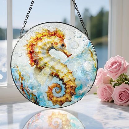 Stained Glass Window Hanging, 8 Inch Seahorse Sun Catcher Decor, Stained Glass Ornament, Suncatchers for Windows Hanging, Window Decor, Seahorse Gifts, Gifts for Ocean Lovers
