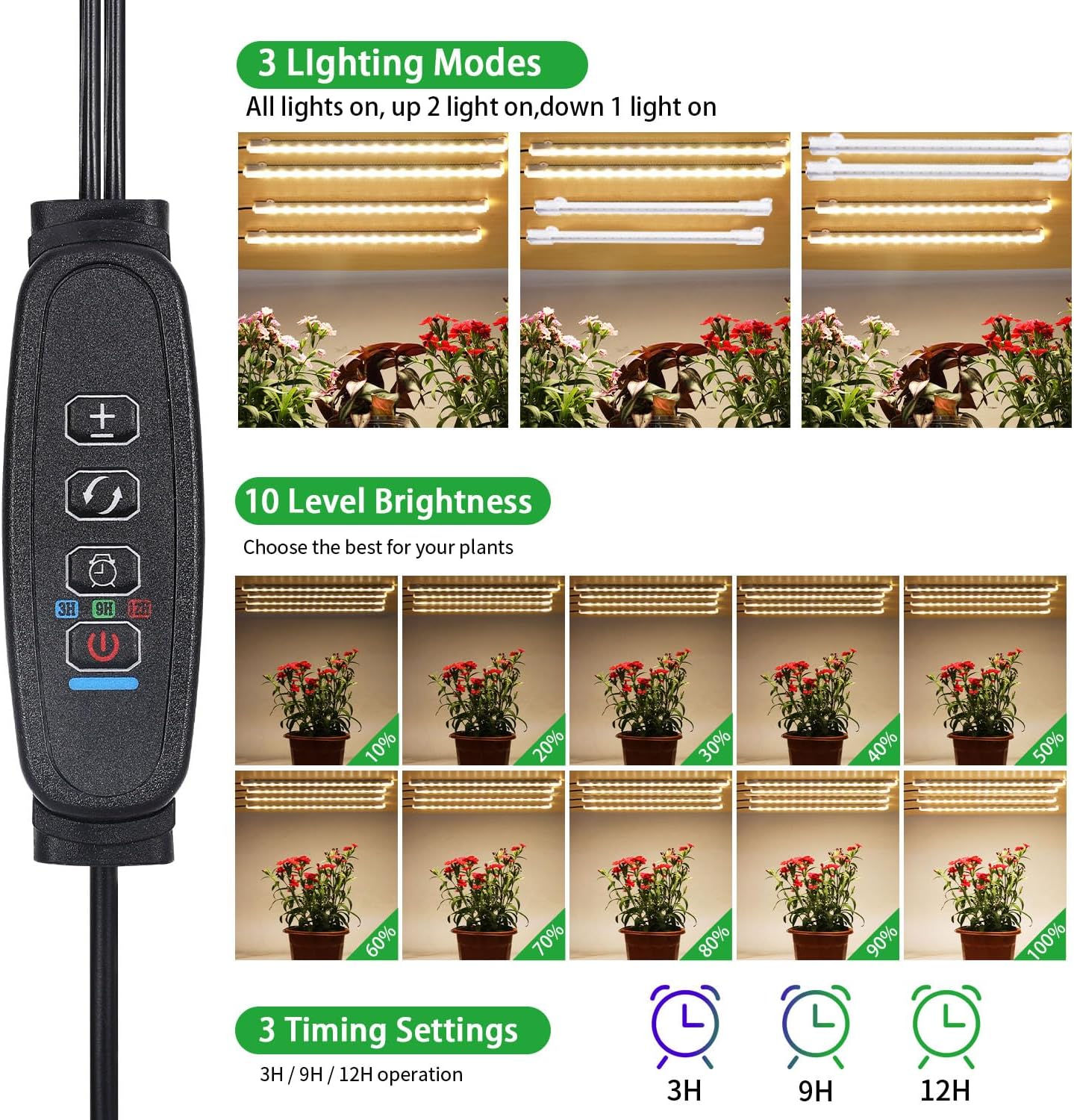 8.6 Inches LED Grow Light Strips, Grow Lights for Indoor Plants Full Spectrum 3500K, 104 LEDs Plant Light with 10 Dimmable Levels, 3/9/12H Timer for Seedling Succulent and Plant Shelf, 4 Head 1 Pack