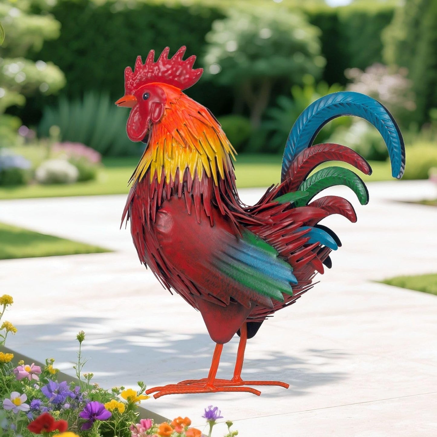 Rooster Garden Statue Sculpture Metal Chicken Yard Decor Outdoor Figurines Patio Backyard Decoration (red)