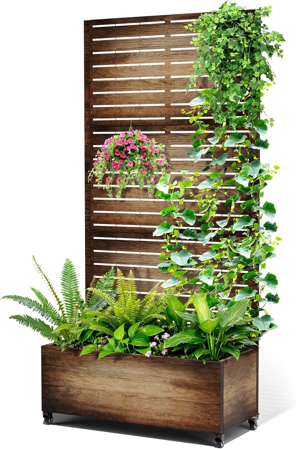 Metal Raised Garden Bed with Trellis, 2-in-1 Planter Box & Privacy Screen for Climbing Plants, Outdoor Standing Flower Bed with Drainage Holes, 35.4" L x 15.7" W x 70.1" H, Vintage Wood Grain
