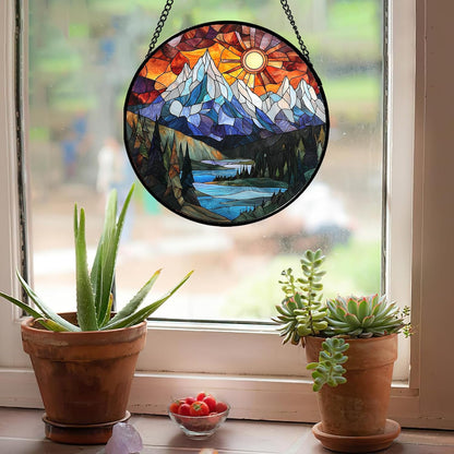 Stained Glass Window Hanging - Colorful Mountain Lake Landscape Sun Catcher for Door Garden Home Decor Suncatcher Christmas Mother's Day Birthday Gifts for Women Men Mom Nana 6.3 in
