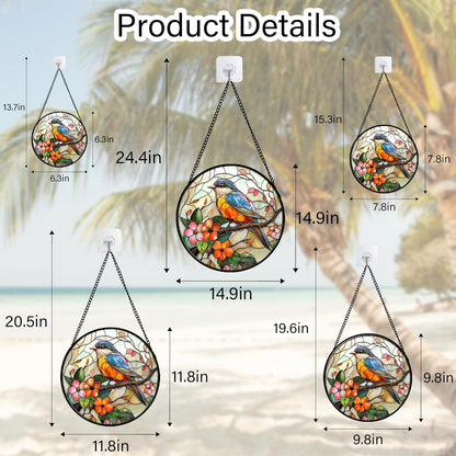 Stained Glass Window Hanging, Blue Bird Pink Flower Suncatcher Diamond Glass Panel Bird Sun Catchers Decor for Birthday for Women, Men, Wife, Aunt, and Mom 14.9x14.9 in