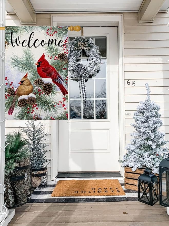 Welcome Winter House Flags for Outdoor Decoration, Christams Cardinal Pine Twigs Berry Large Yard Flag, Decorative Xmas Seasonal Farmhouse Holiday Outside Decor 28x40 Inch Vertical Double Sided