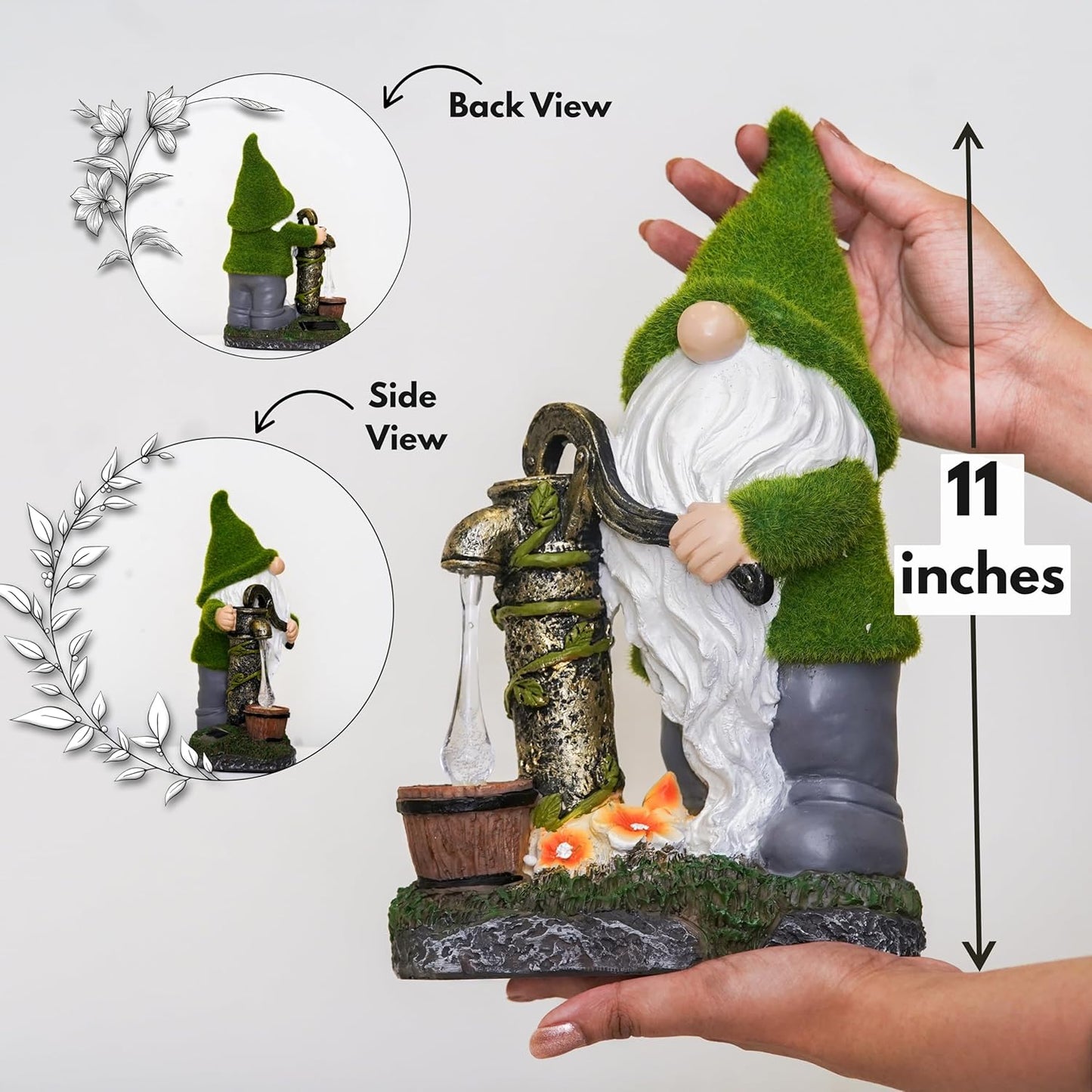Water Pump Gnome Garden Decor for Yard/Lawn/Patio/Deck - Outdoor Weatherproof Statue with Solar Light - Moss Effect - Fun Spring & Summer Charming Gnomes Gifts for Women (Forest Green)