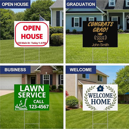 10-Pack Custom Yard Signs with Stakes – 18x24 Personalized Outdoor Directional Signs for Events, Business, and Birthdays – Durable 4mm Weatherproof Corrugated Plastic