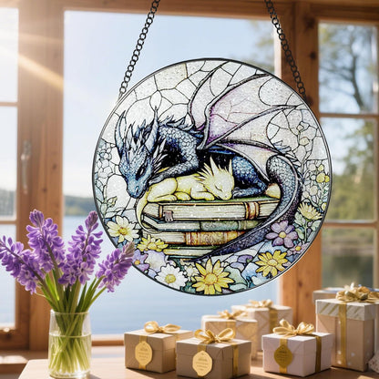 Stained Glass Window Hanging, 8 Inch Dragon Stained Glass Suncatcher, Dragon Decor, Home Decor for Windows, Book Lover Gift, Gifts for Book Lovers, Gifts for Bookworm on Birthday Christmas