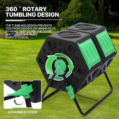 MoNiBloom 34 Gallon Compost Bins Outdoor Dual Chamber Composter Tumbler, All-Season Fast Working Tumbling Composter, High Volume Composter with 2 Sliding Doors