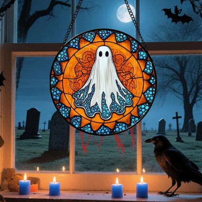 Stained Glass Window Hanging - Halloween Decorations White Ghost Suncatcher for Doors Garden Indoor Spooky Funny Blue Sun Catchers Gothic Decor Horror Gifts for Women Men Friend 6.3 in