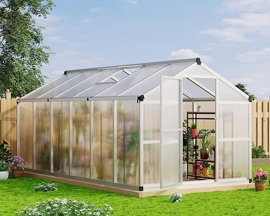 Garvee 8x12 ft Greenhouse - Aluminum Greenhouses for Outdoors, Large Polycarbonate Greenhouse with Roof Vent, Heavy Duty Walk-in Green Houses for Outside Garden, Backyard, Patio, Lawn, Easy Assembly