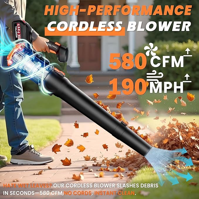 Electric Leaf Blower Cordless - Low-Noise Brushless Motor Leaf Blower with 2 Speed Mode & Ergonomic Handle Design, Portable Lightweight Blowers for Lawn Care, Yard & Patio Cleaning, Snow, Dust