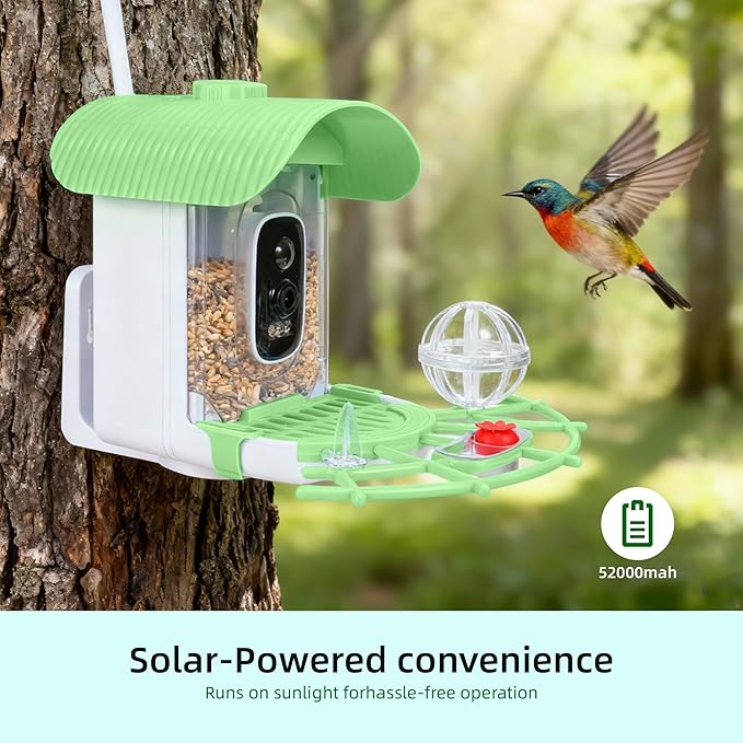 Bird Feeder with Camera, Smart Bird Cam with AI Identify BirdSpecies, Auto Record BirdVideo, Instant Notifications, 2K Video Live Stream Camera with Solar Panel for Birds Lover (Green)