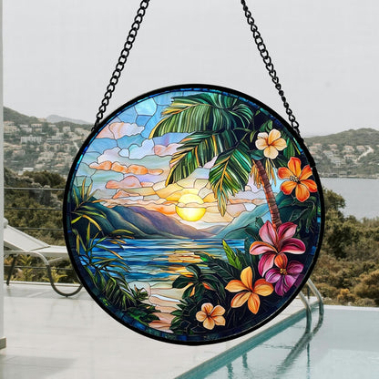 Stained Glass Window Hanging, Colorful Landscape Suncatcher for Doors Home Sun Catchers Decoration and Christmas, Mother's Day Birthday Gifts for Women, Men, and Mom 14.9x14.9 in