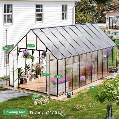 CDCASA 20x10x10 FT Greenhouse for Outdoors, Easy Assembly Large Thicker Aluminum Heavy Duty Polycarbonate Greenhouses Kit w/4 Vents, Swing Door, Outside Walk-in Green House for Sunroom Patio,Backyard
