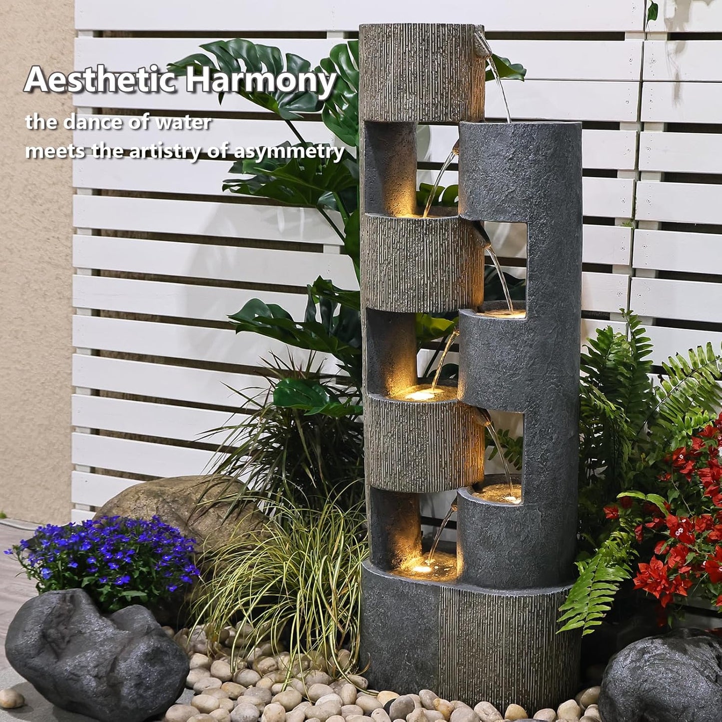 51" Outdoor Water Fountain Uneven Cylinders Waterfalls Fountain Floor Standing Water Fountains with LED Lights, Pump, Natural Stones for Garden, Living Room, Patio