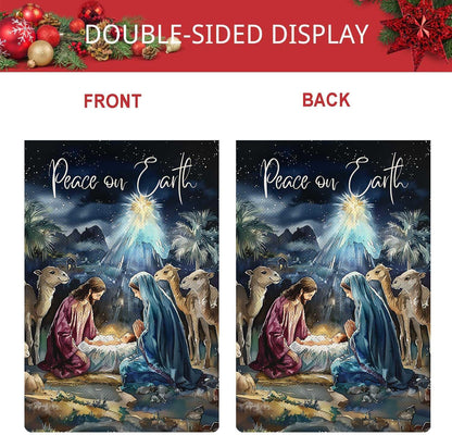 Peace on Earth Garden Flag Jesus Birth Nativity Night Small Flag for Outside Burlap Double Sided Welcome Yard Lawn Winter Decor 12.5x18"