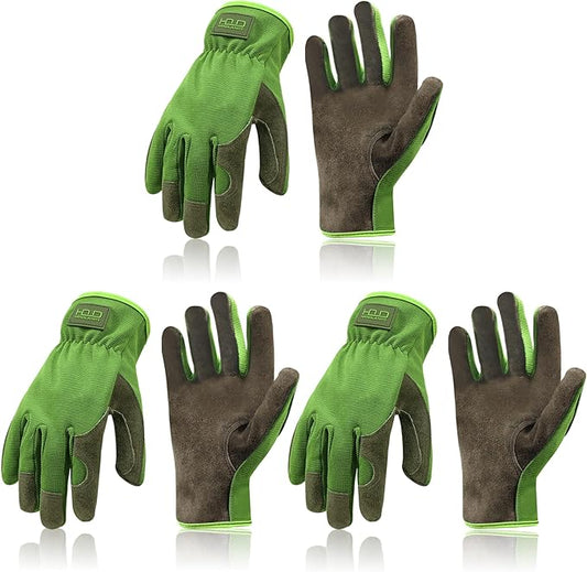 HANDLANDY Men Leather Gardening Gloves, Utility Work Gloves for Mechanics, Construction, Driver