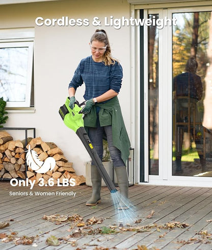 21V Lightweight Leaf Blower Cordless with Battery and Charger 2 x 4.0Ah Powerful 2-Speed Electric Blowers for Lawn Care, Blowing Leaves, Patio, House, Depot (Green)
