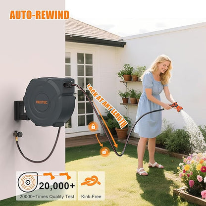 NEOTEC Retractable Garden Hose Reel 1/2 inch x 150ft - Wall Mounted Heavy Duty Hose Reel with 3/4 Inch Brass Fittings & 9-Pattern Nozzle - Auto Rewind System, Any Length Lock, 180° Swivel Bracket