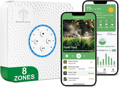 ImoLaza Smart Sprinkler Controller Evapotranspiration Master: 8 Zones WiFi Irrigation Controller with Automated Watering and App Control, Save Water Through Rain, Freeze, Wind and Saturation Skip
