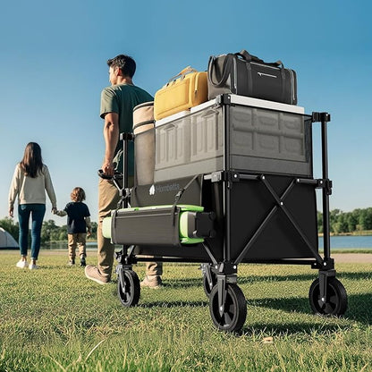 Folding Wagon Cart Foldable with Wheels, Adjustable Decker 150L-300L Capacity, All-Terrain Wheels & Brake, 450LBS Heavy Duty Collapsible Wagon for Beach, Camping, Outdoor
