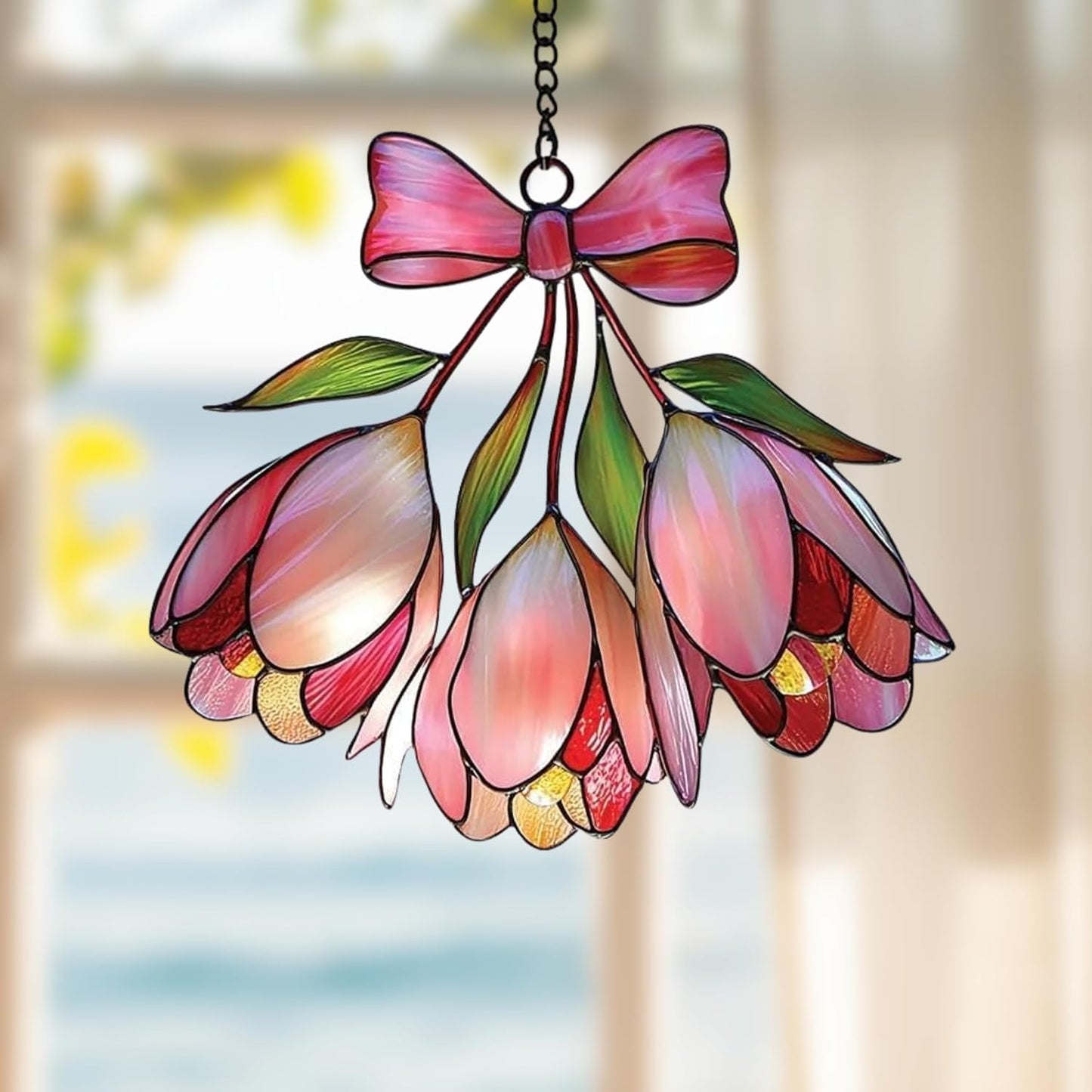 Pink Bell Flower Acrylic Suncatcher Stained Glass Effect Window Car Hanging Christmas Ornament Indoor Outdoor Decor Garden Sun Catcher Panel Gifts for Flower Lover for Women Mom Grandma