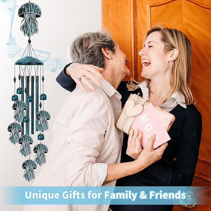 Jellyfish Wind Chimes for Outside, Large Jellyfish Gifts for Women, Memorial Jellyfish Wind Chime, Metal Jellyfish Decor, 40" Outdoor Garden Decor for Lawn, Porch, Patio, Yard