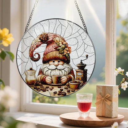 Stained Glass Window Hanging, Pauyadu Charming Gnome Sun Catchers, Stained Glass Suncatcher, Gnome Decor Gifts for Women, Mom, Grandma, Wife - 8 Inch