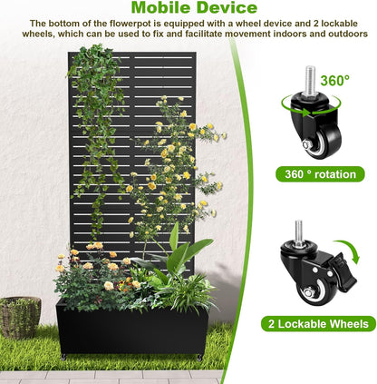 Metal Planter Box with Trellis, 72"x35"x16" Metal Raised Garden Bed with Trellis, Trellis Planter Box with Drainage Holes & Lockable Casters for Climbing Plants, Vegetables, and Vines