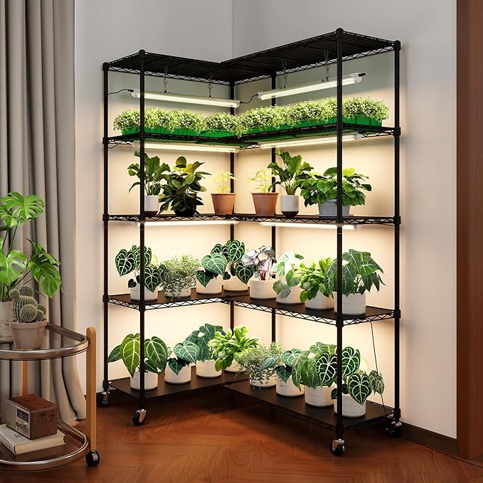 Bstrip 5-Tier Corner Plant Stand with Grow Lights, Large L-Shaped or Long Shape Indoor Plant Shelf, 8 Pack 192W T8 Full Spectrum Grow Lights for Indoor Plants & Seed Starting (58L x 13.8W x 59H)