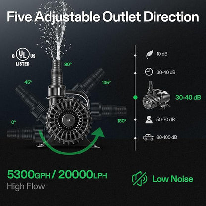 VIVOSUN 5300 GPH Submersible Water Pump, 310W Pond Pump, Ultra Quiet Aquarium Pump with 20FT. Lift Height for Pond Waterfall, Fish Tank, Statuary, or Hydroponics