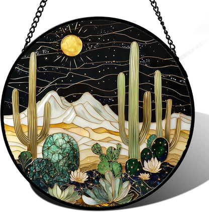 Stained Glass Window Hanging, Black and White Golden Cactus Nature Suncatcher for Doors Window Home Starry Sky Sun Catchers Decor Mother's Day Birthday Gifts for Women, Men Mom 9.8 in