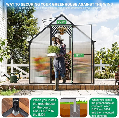 CDCASA 6x16 FT Greenhouse for Outdoors, Large Polycarbonate Greenhouse Aluminum Greenhouses w/Vent Window, Swing Door & Easy Assembly Walk-in Green House for Patio, Backyard, Garden, Black