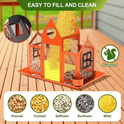 Solar Bird Feeders House for Outdoors Hanging, 7LBS Large Capacity Metal Wild Bird Feeder Squirrel Proof for Outside with Water Cup, Cardinal Birdfeeder Birdhouses Gift for Bird Lovers (Orange)